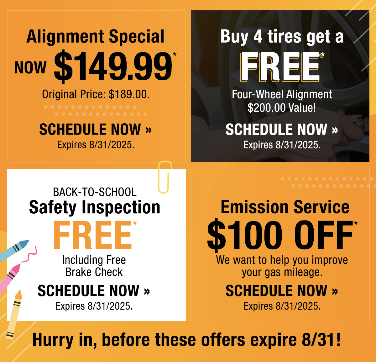 Now through August 31, save on alignments, inspections emission and so much more - Schedule Now >>
