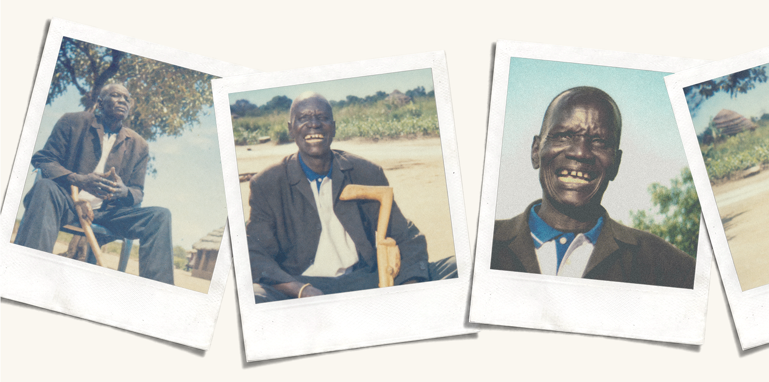 Polaroid photos of Mzee Bodo smiling on his land.